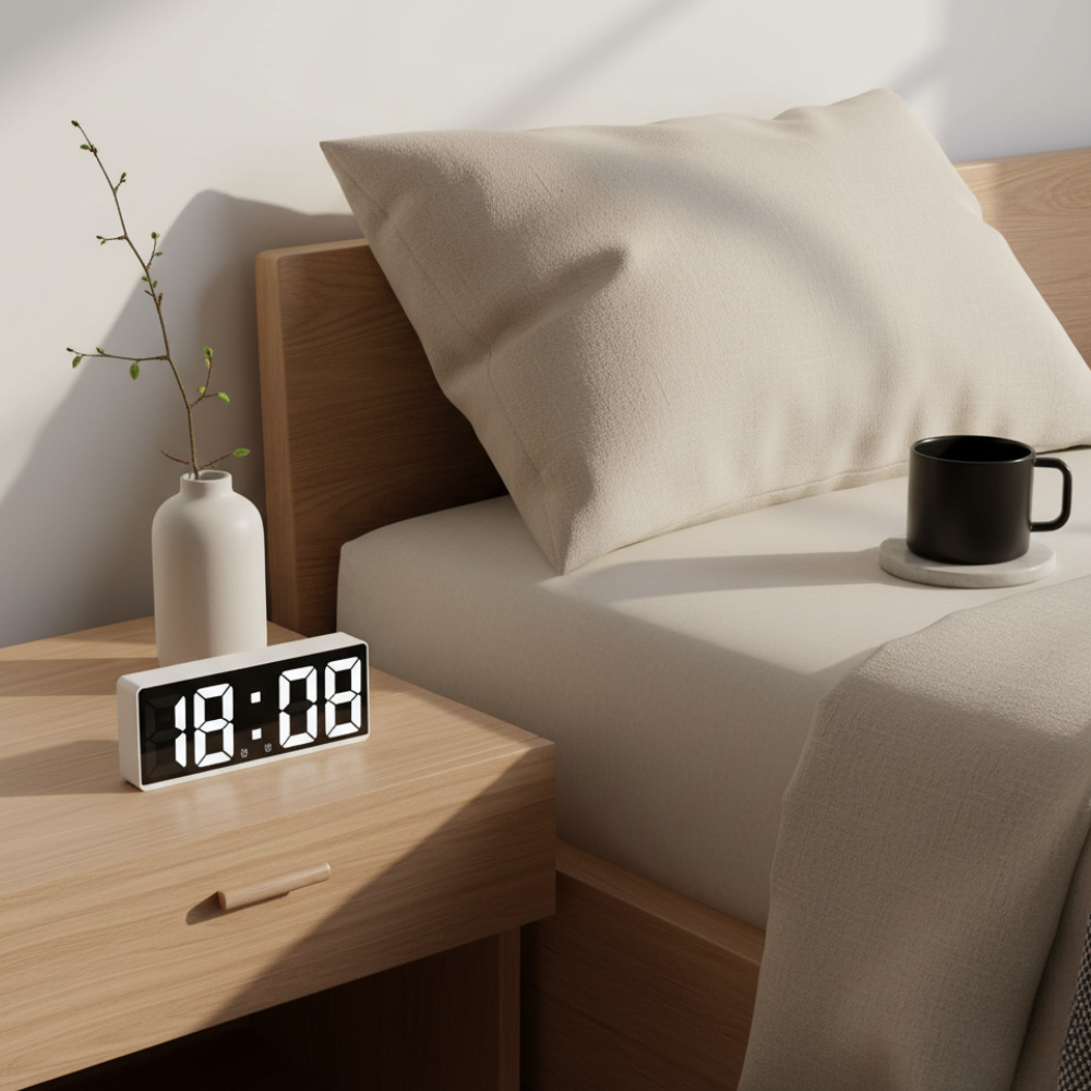 Digital alarm clock with LED time and temperature display on a bedside table