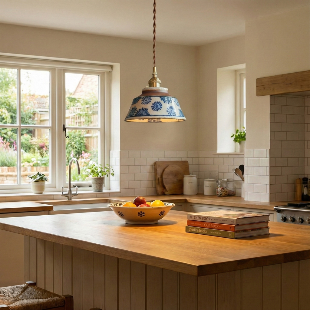 Patterned pendant lamp with tapered shade and twisted hanging cord