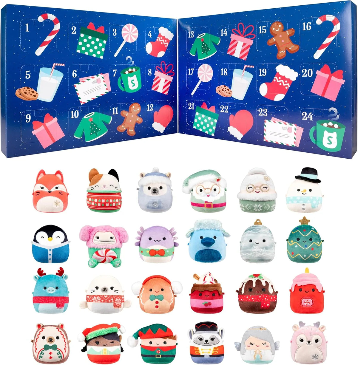Blue festive advent calendar with 24 numbered doors and seasonal illustrations