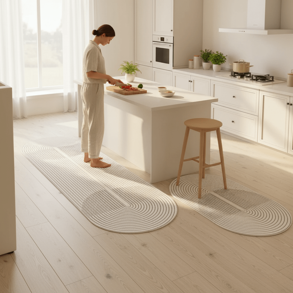 Beige kitchen mat with grey geometric line pattern
