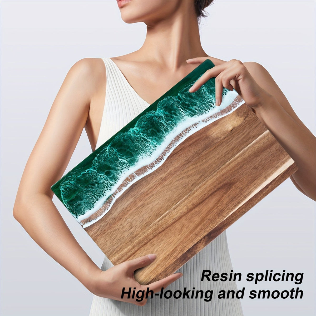 Rectangular wood-grain cutting board with an ocean-inspired resin wave edge
