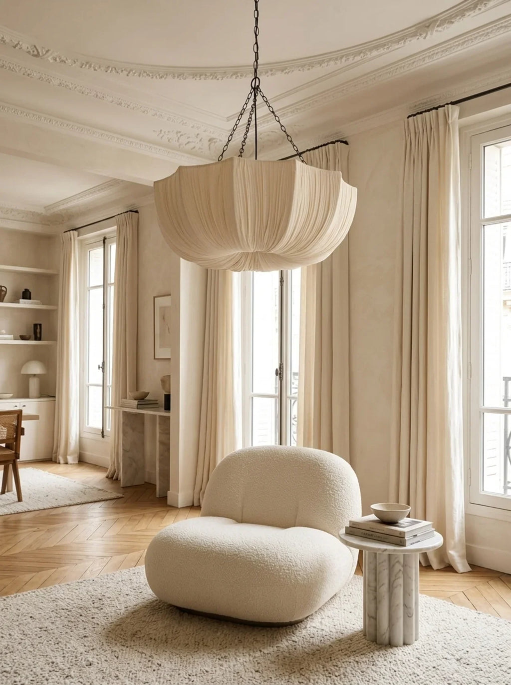 Cream pleated pendant light with dark chain suspension