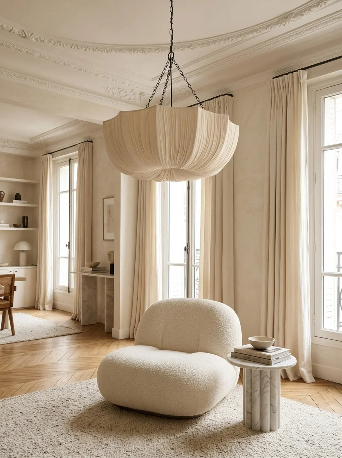 Cream pleated pendant light with dark chain suspension