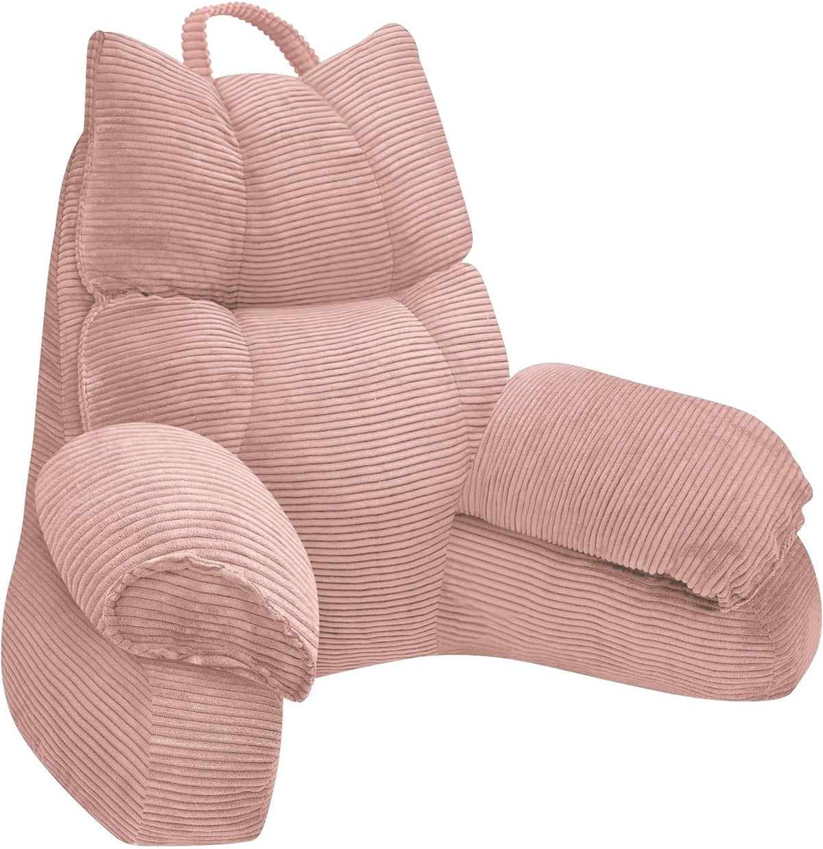 Cushioned bed reading pillow with raised arm supports and ribbed cover