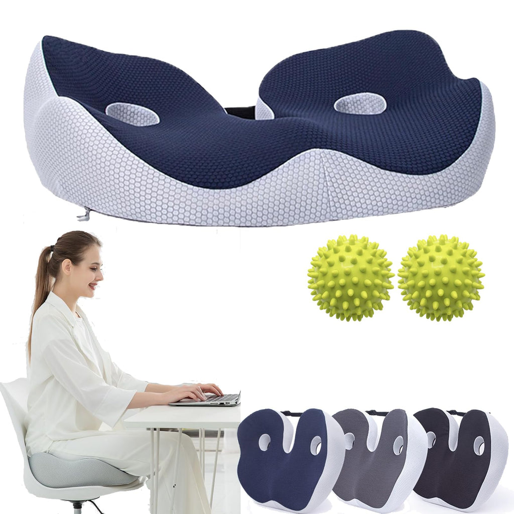 Contoured ergonomic chair seat cushion with rear strap and central openings