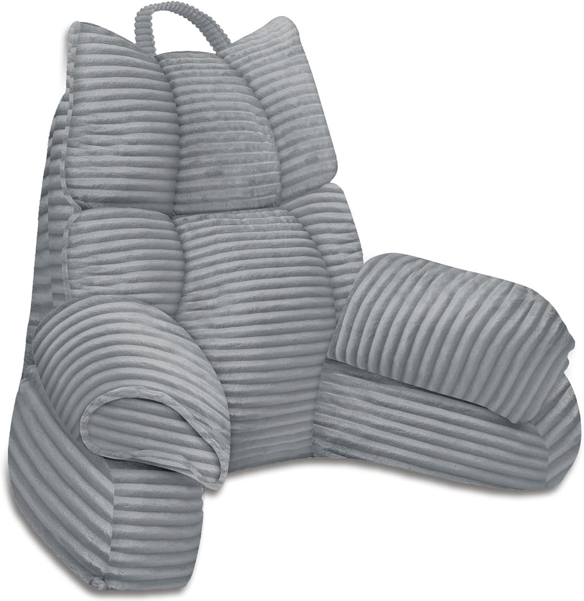 Cushioned bed reading pillow with raised arm supports and ribbed cover