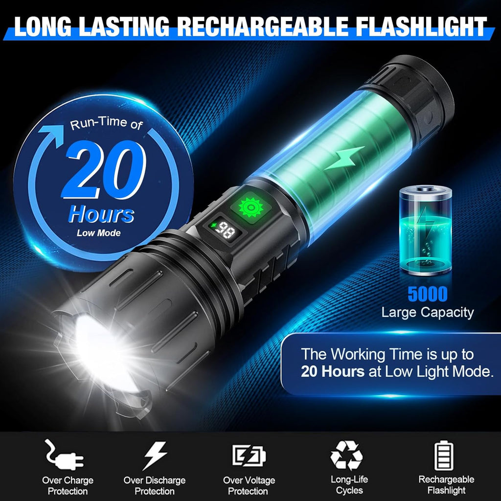 Black rechargeable LED flashlight with zoom beam, wrist strap and storage case