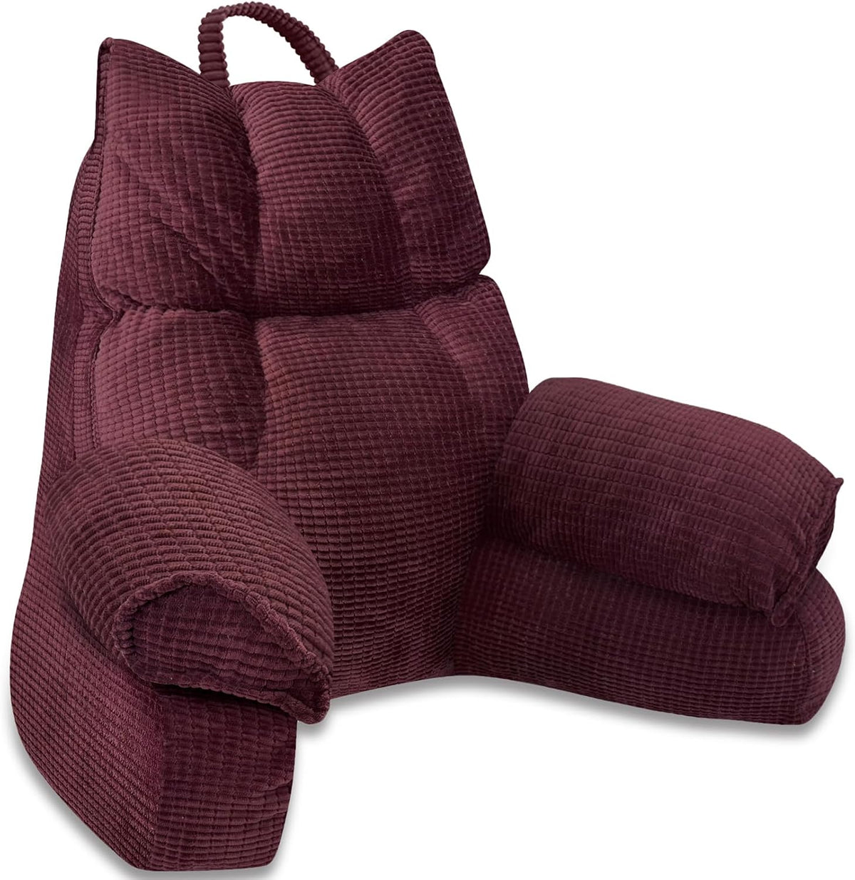 Cushioned bed reading pillow with raised arm supports and ribbed cover