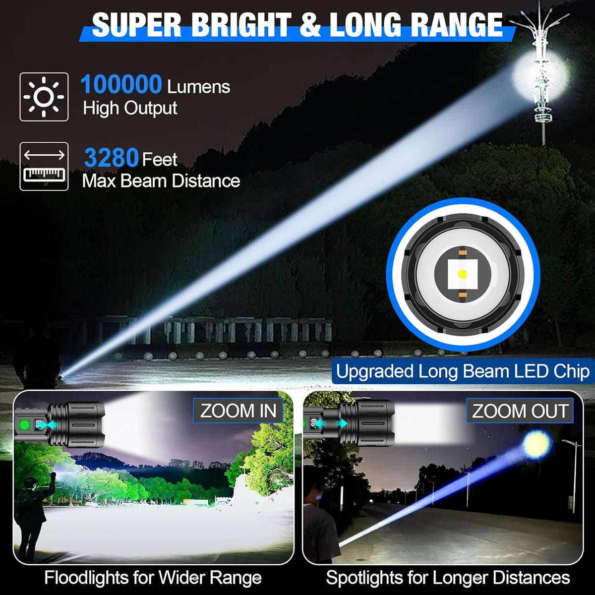 Black rechargeable LED flashlight with zoom beam, wrist strap and storage case