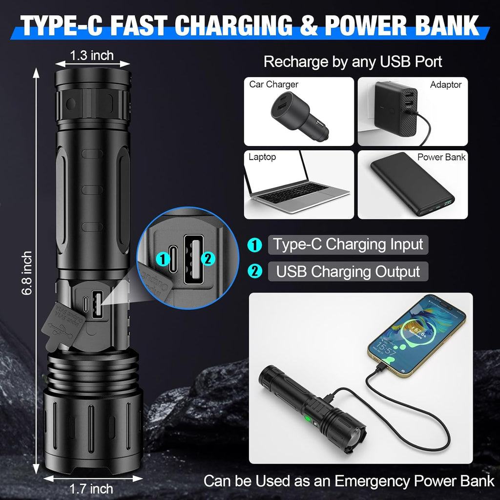Black rechargeable LED flashlight with zoom beam, wrist strap and storage case