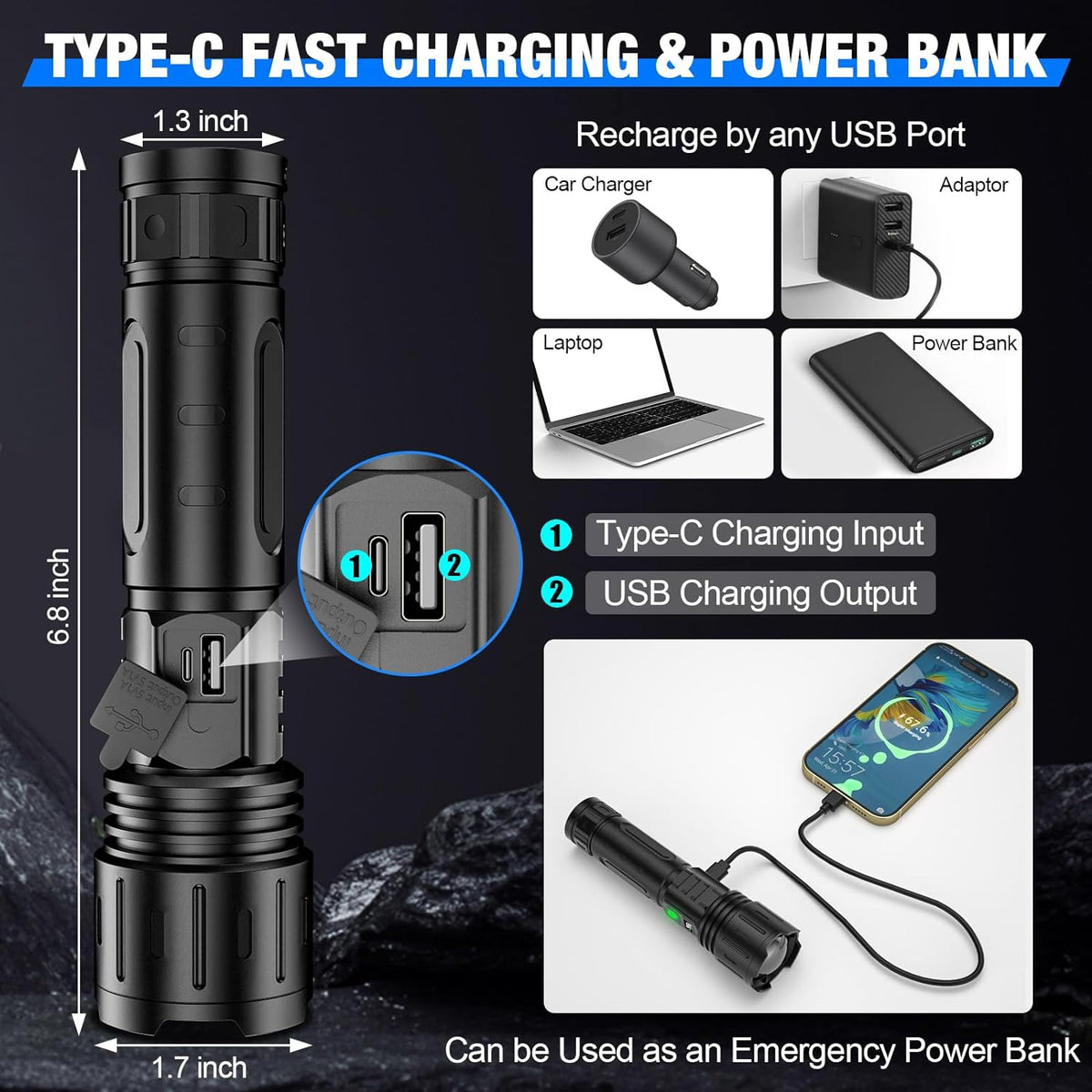 Black rechargeable LED flashlight with zoom beam, wrist strap and storage case