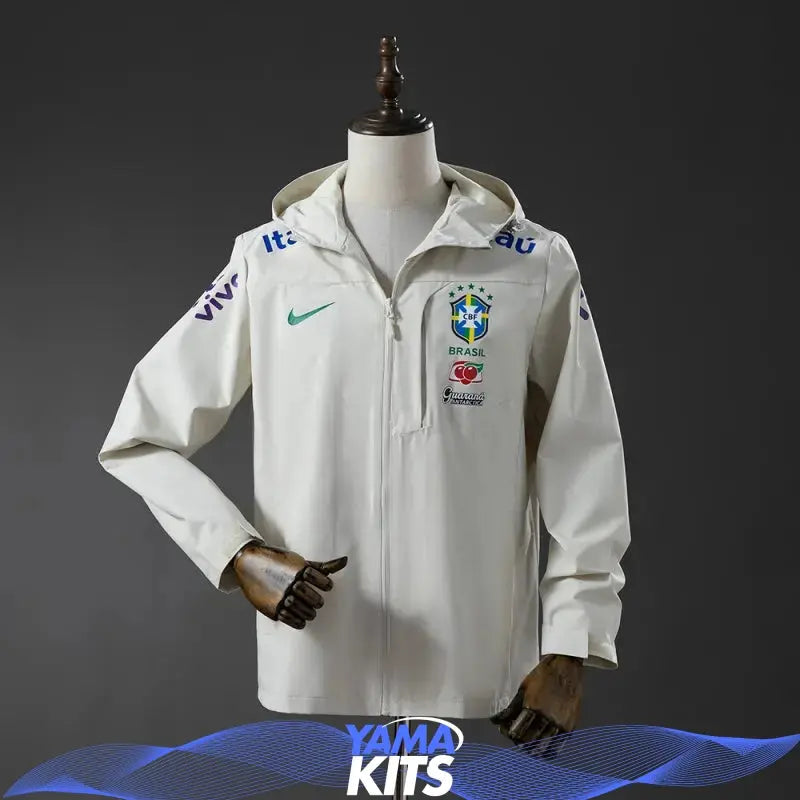 White Brazil football jacket with hood, front zip and printed team graphics