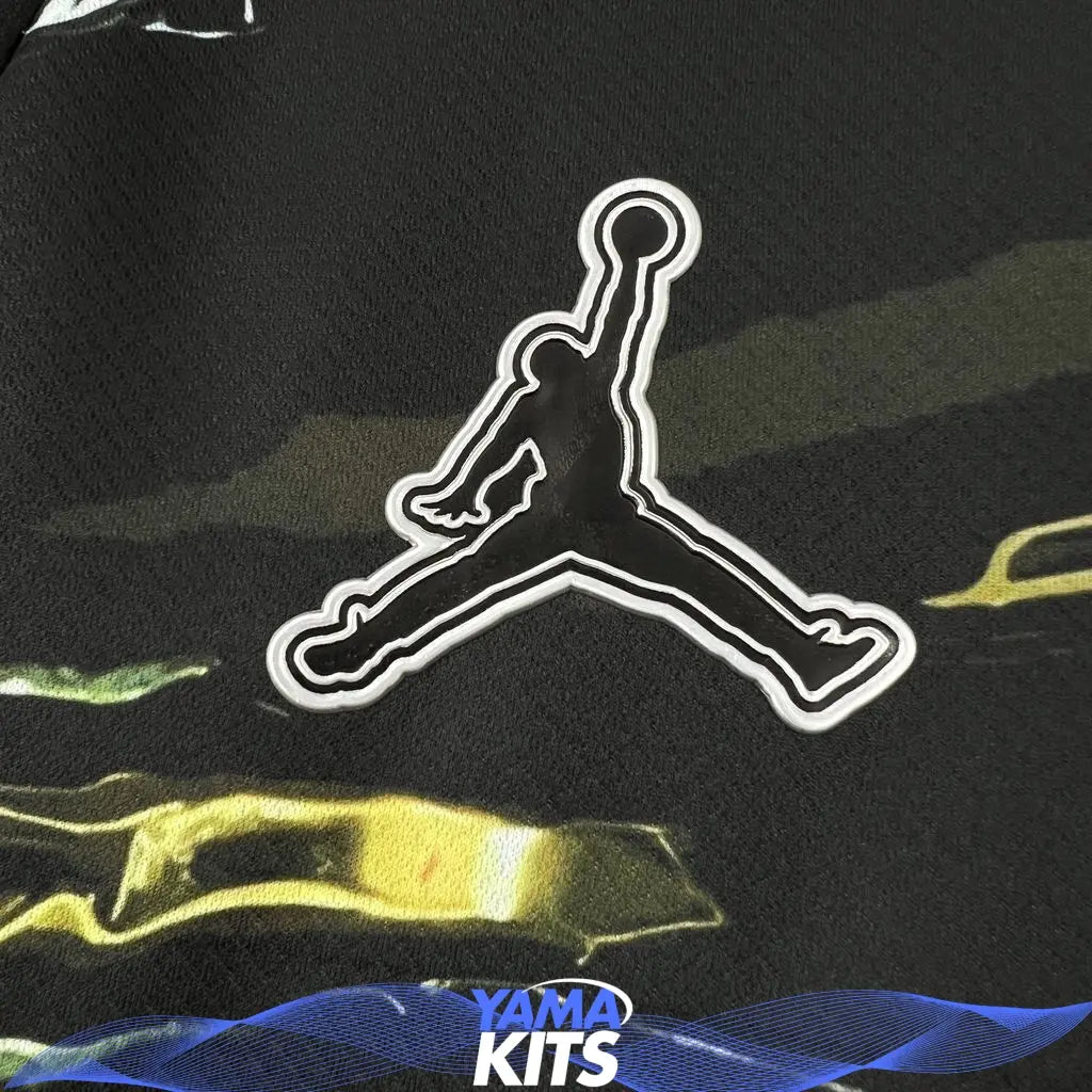 Black Paris football jersey with abstract gold print and short sleeves