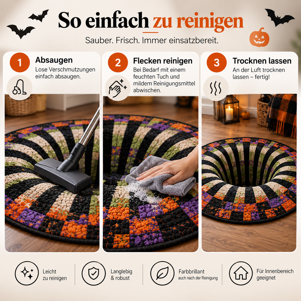 Round Halloween rug with a 3D vortex illusion, pumpkins, bats and seasonal designs