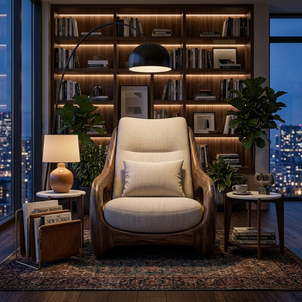 Organic curved armchair with sculpted frame and upholstered seat