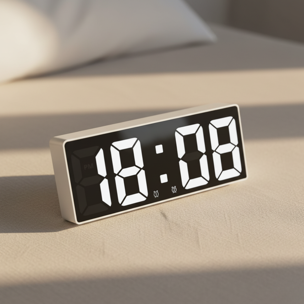 Digital alarm clock with LED time and temperature display on a bedside table