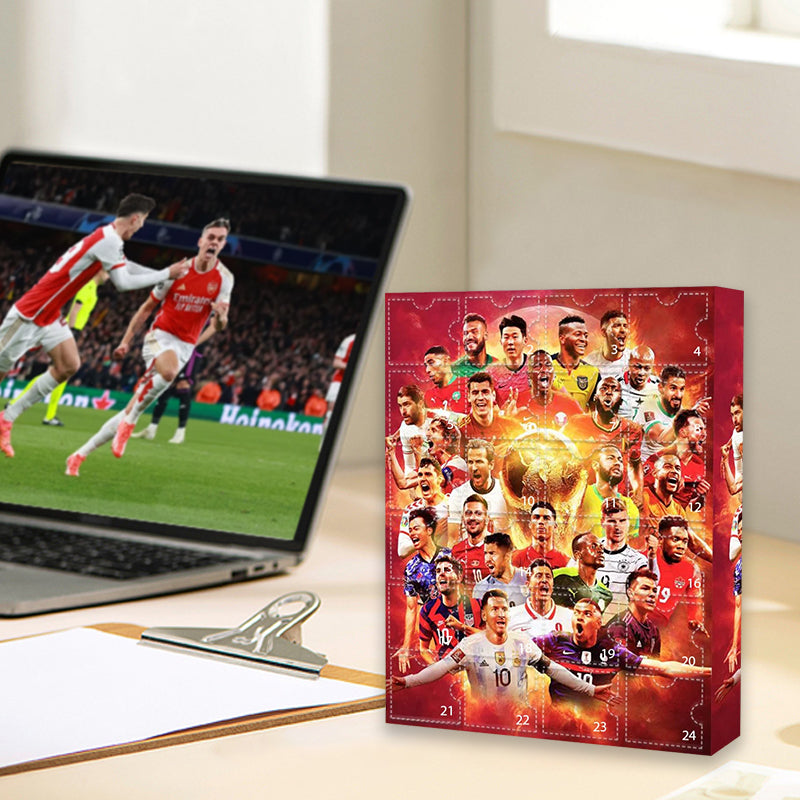 Red football advent calendar with 24 numbered doors and player graphics