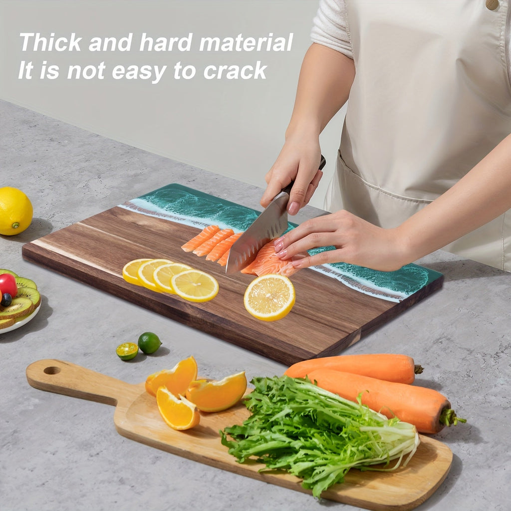 Rectangular wood-grain cutting board with an ocean-inspired resin wave edge