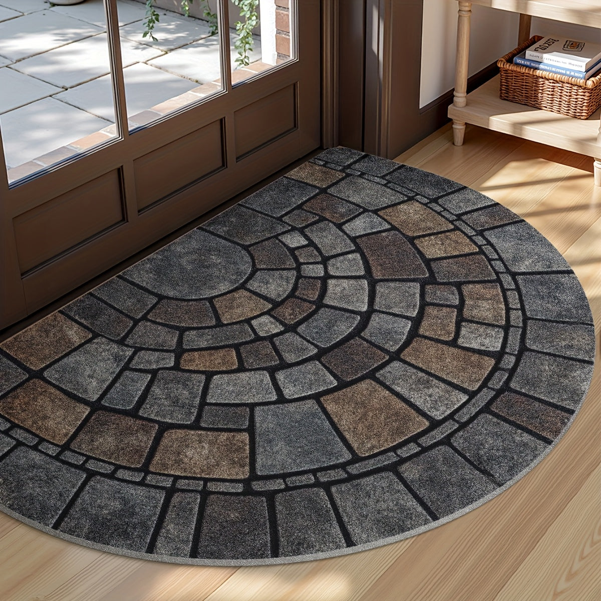 Grey half-circle door mat with geometric mosaic pattern