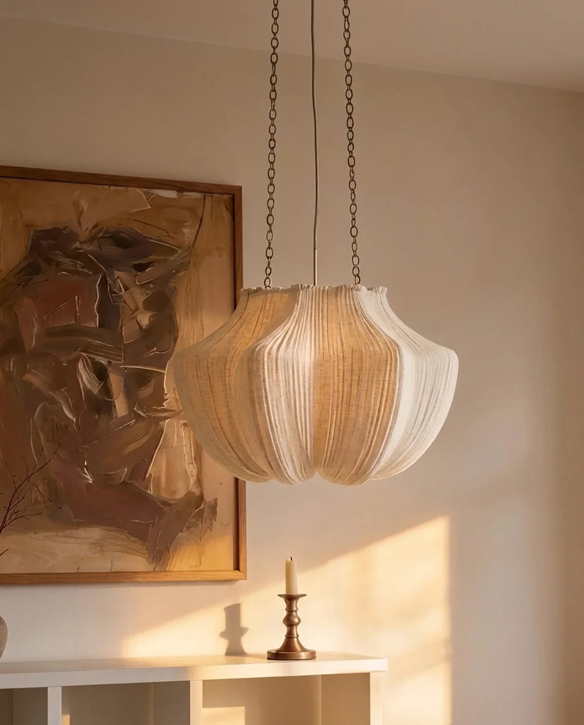 Beige pleated pendant ceiling light with chain suspension