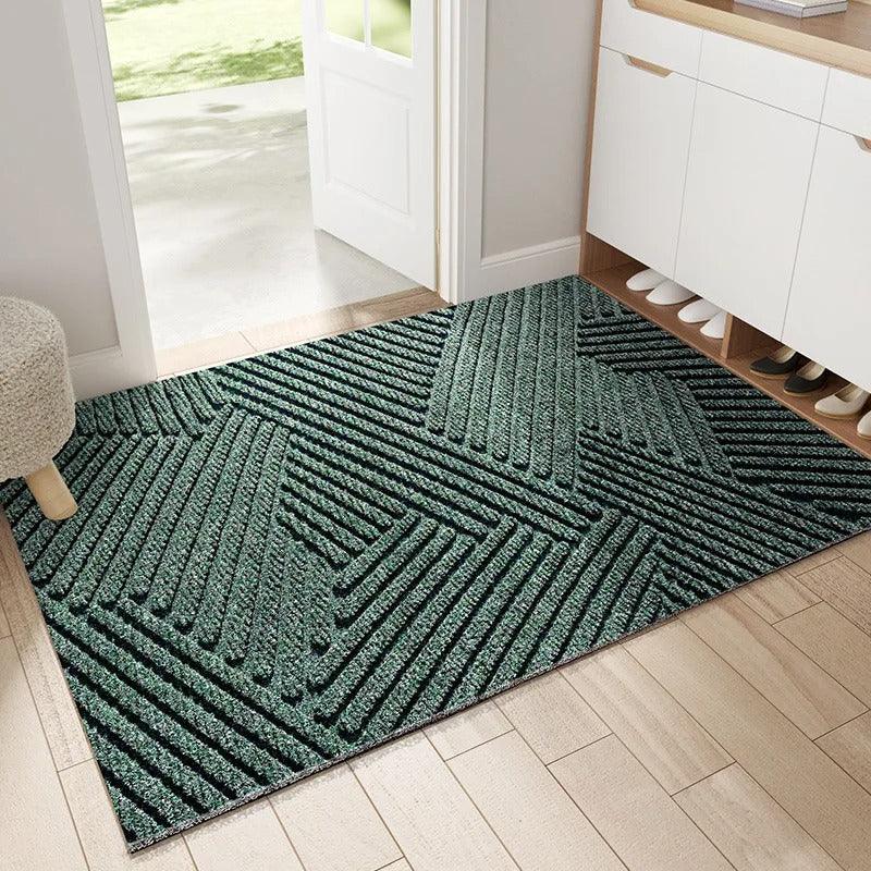 Rectangular geometric ribbed door mat on a hallway floor