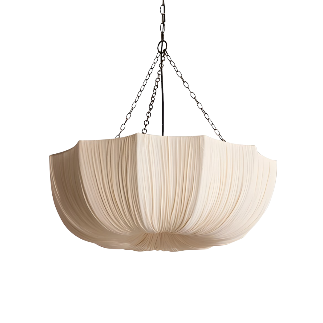 Cream pleated pendant light with dark chain suspension
