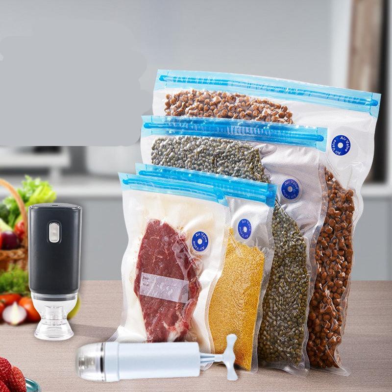 Clear reusable vacuum sealer bags with blue zip seals and hand pump