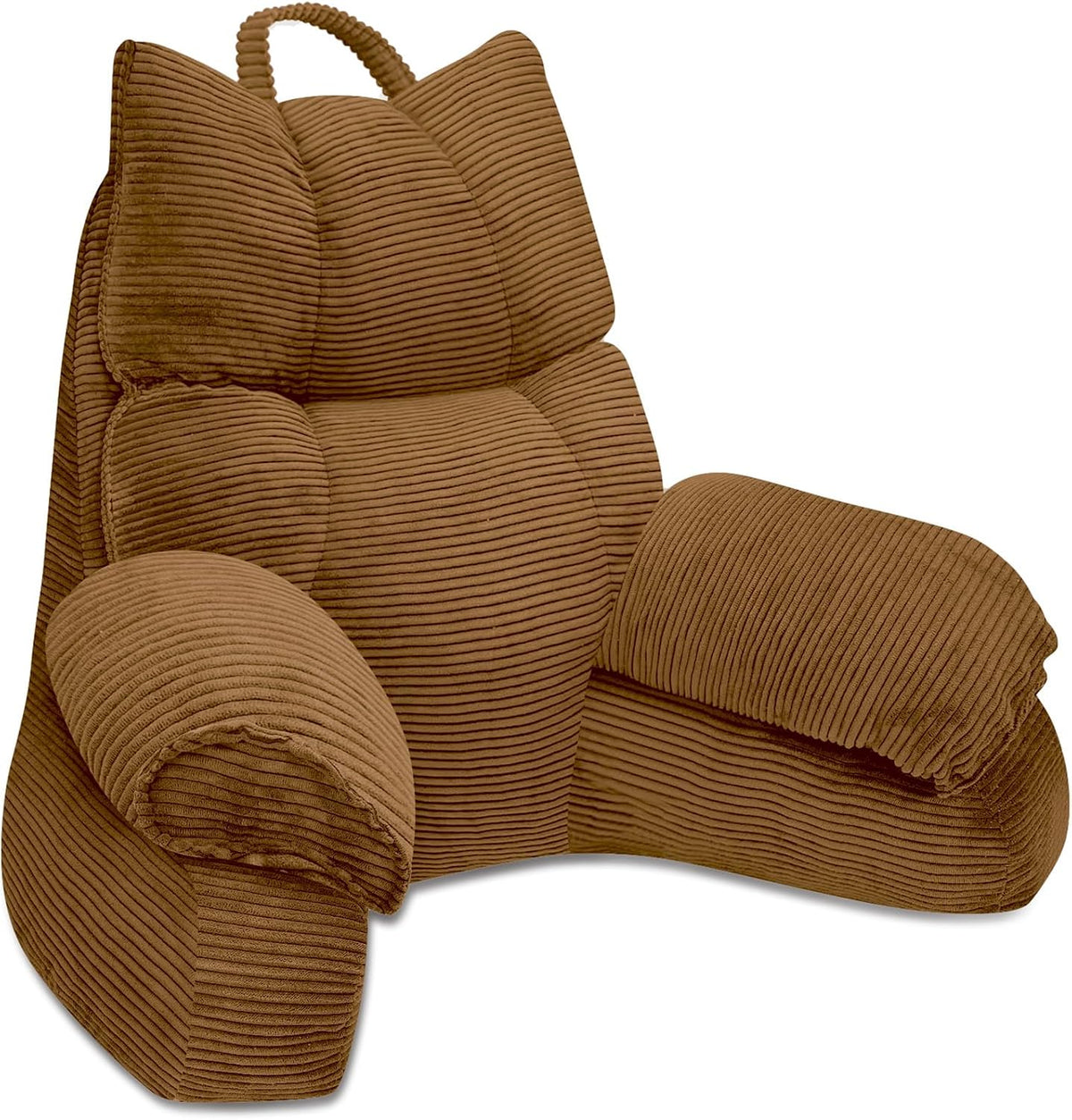 Cushioned bed reading pillow with raised arm supports and ribbed cover