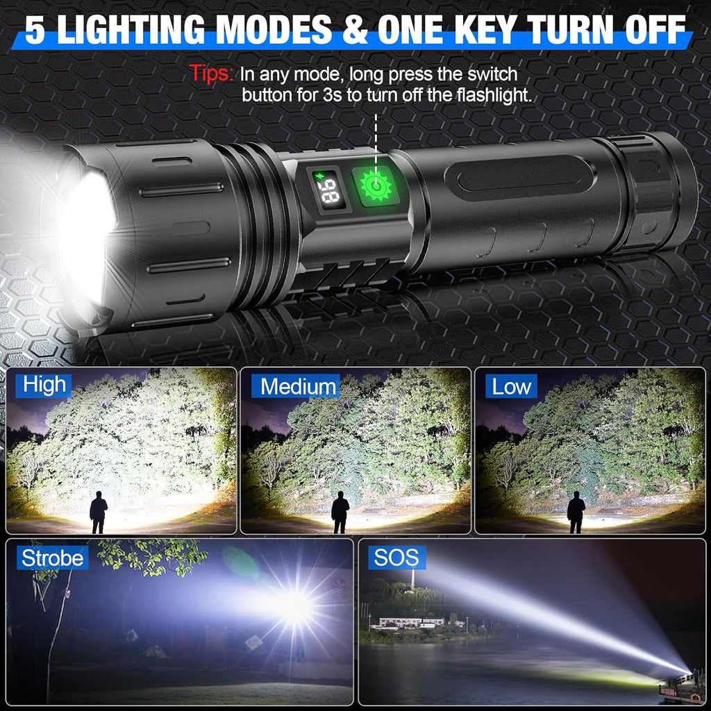 Black rechargeable LED flashlight with zoom beam, wrist strap and storage case