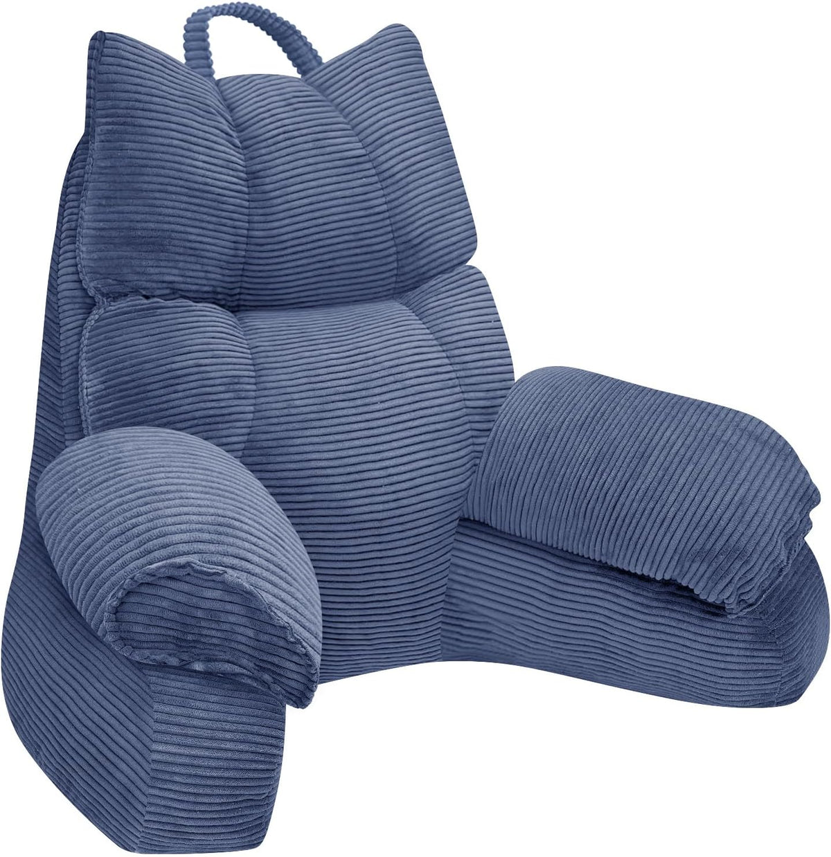 Cushioned bed reading pillow with raised arm supports and ribbed cover