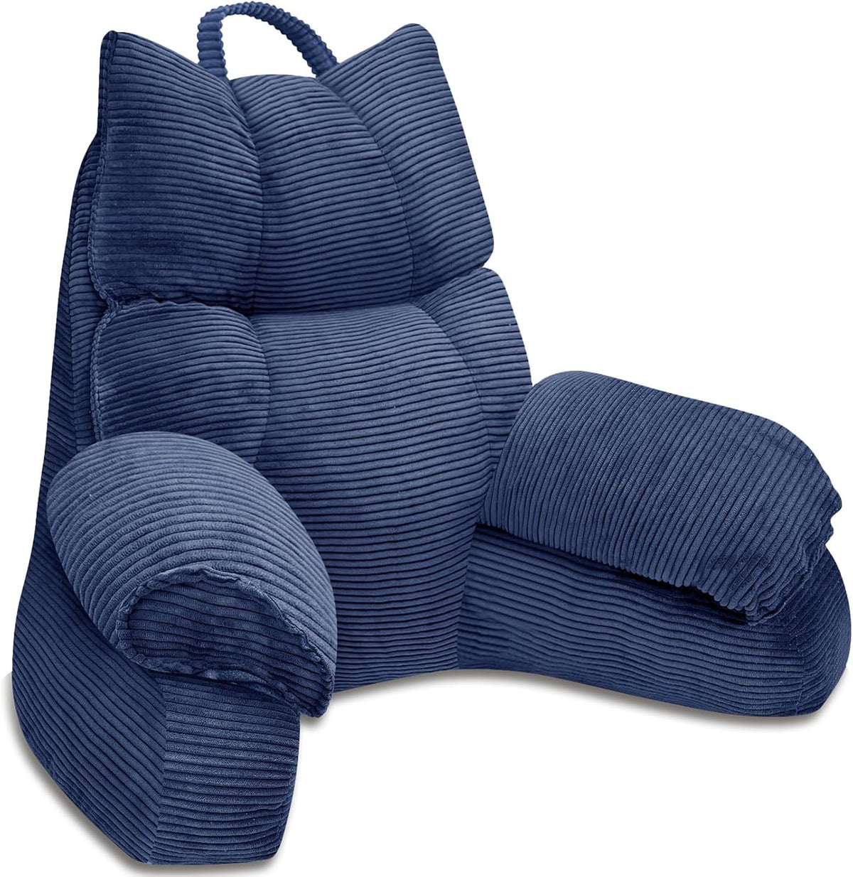 Cushioned bed reading pillow with raised arm supports and ribbed cover