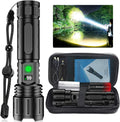 Black rechargeable LED flashlight with zoom beam, wrist strap and storage case