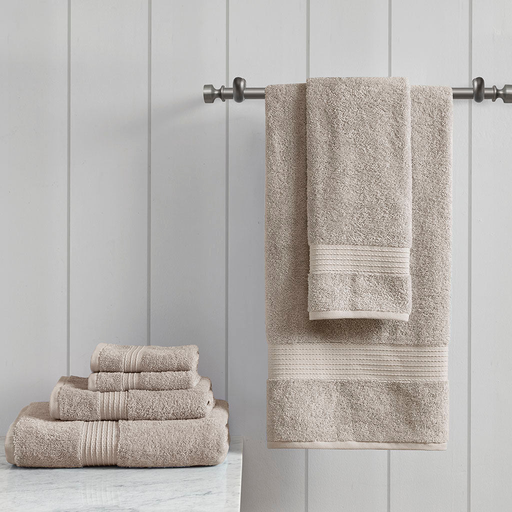 Six-piece textured towel set with ribbed border detailing