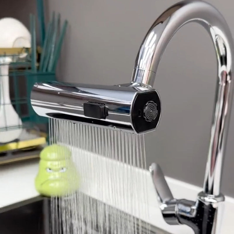 Chrome kitchen tap attachment with flexible hose and wide spray setting