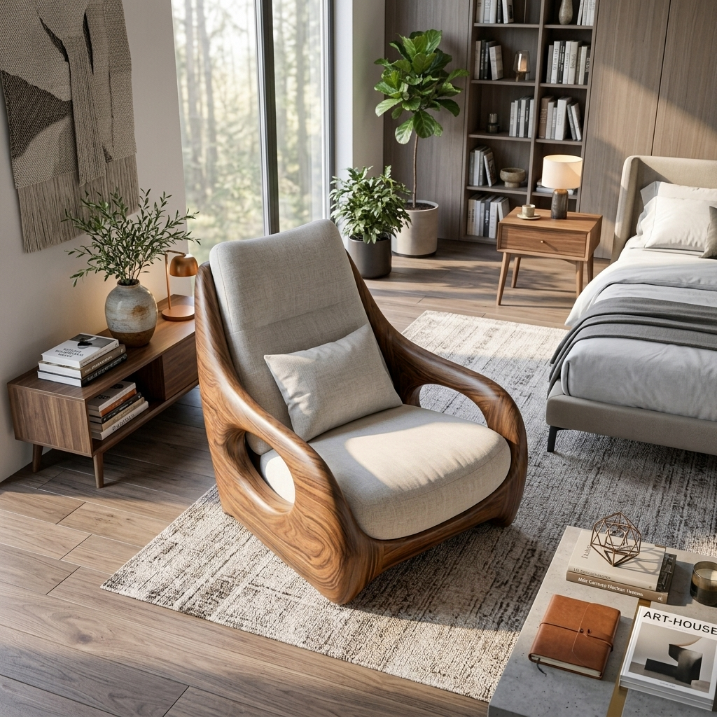 Organic curved armchair with sculpted frame and upholstered seat