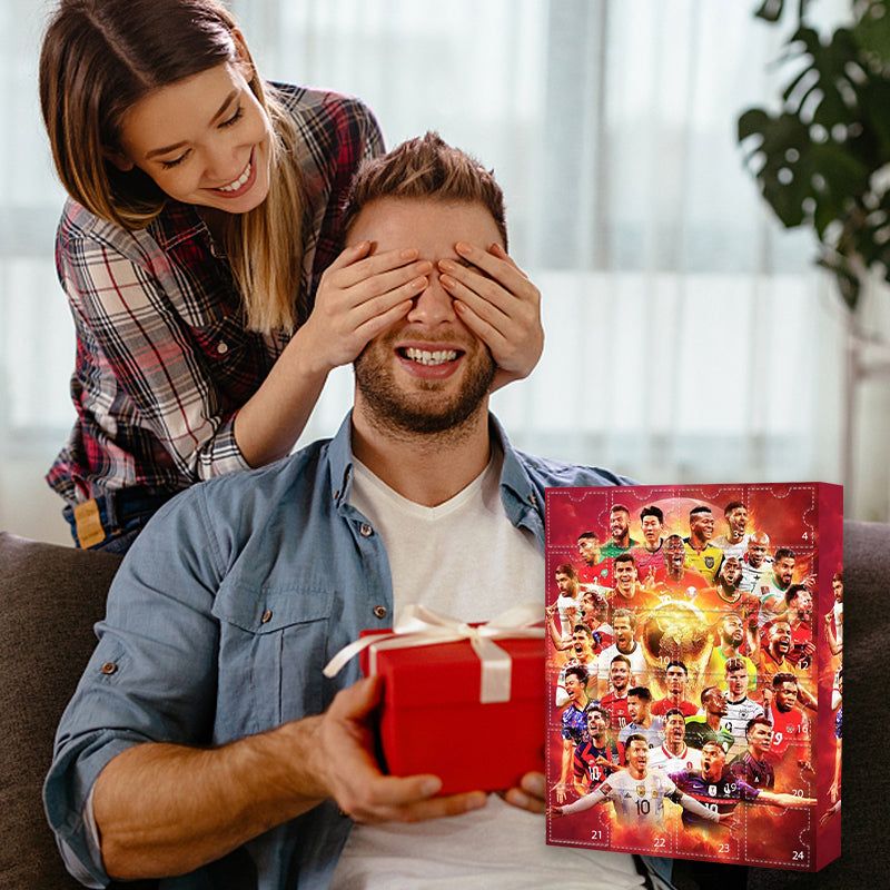 Red football advent calendar with 24 numbered doors and player graphics