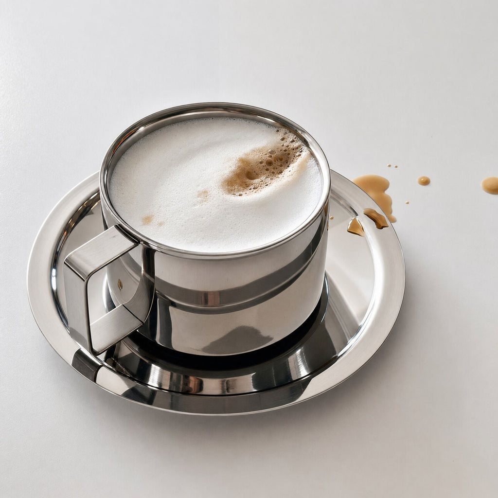 Silver steel latte coffee cup with matching saucer and spoon