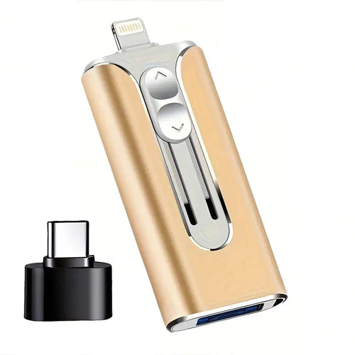 Compact 4-in-1 USB flash drive with sliding multi-connector design and separate adapter