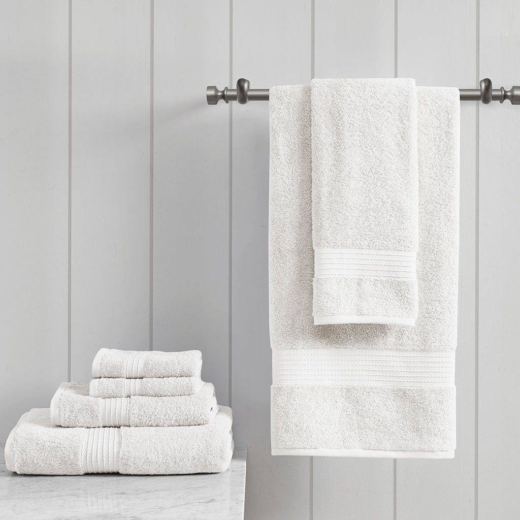 Six-piece textured towel set with ribbed border detailing