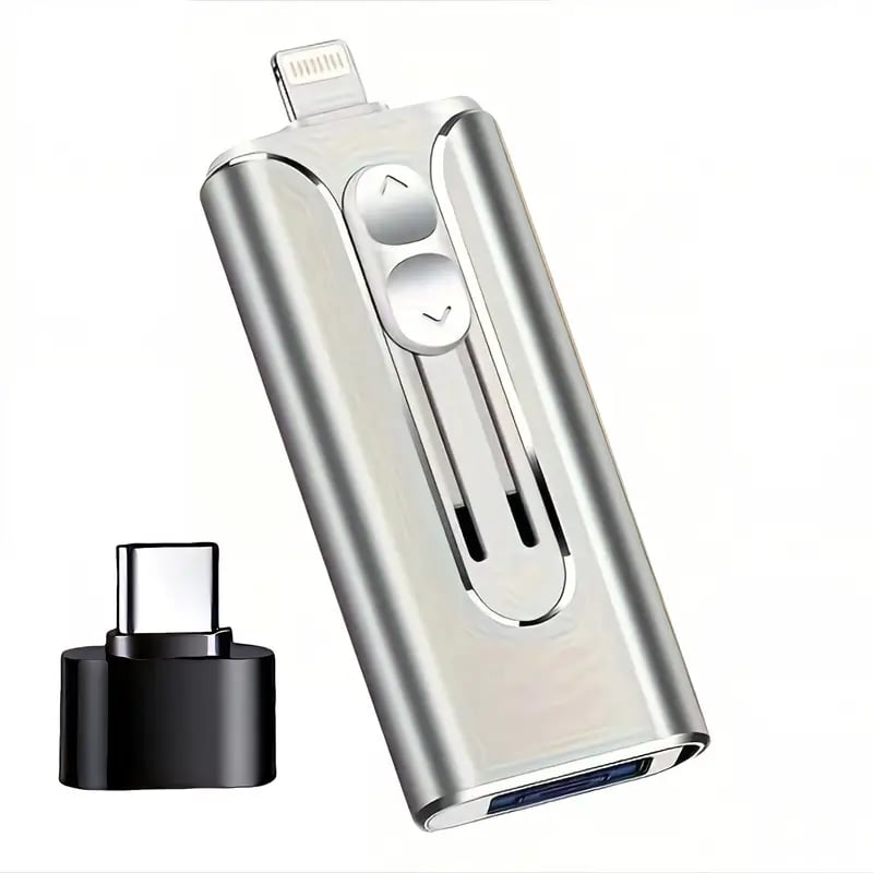 Compact 4-in-1 USB flash drive with sliding multi-connector design and separate adapter