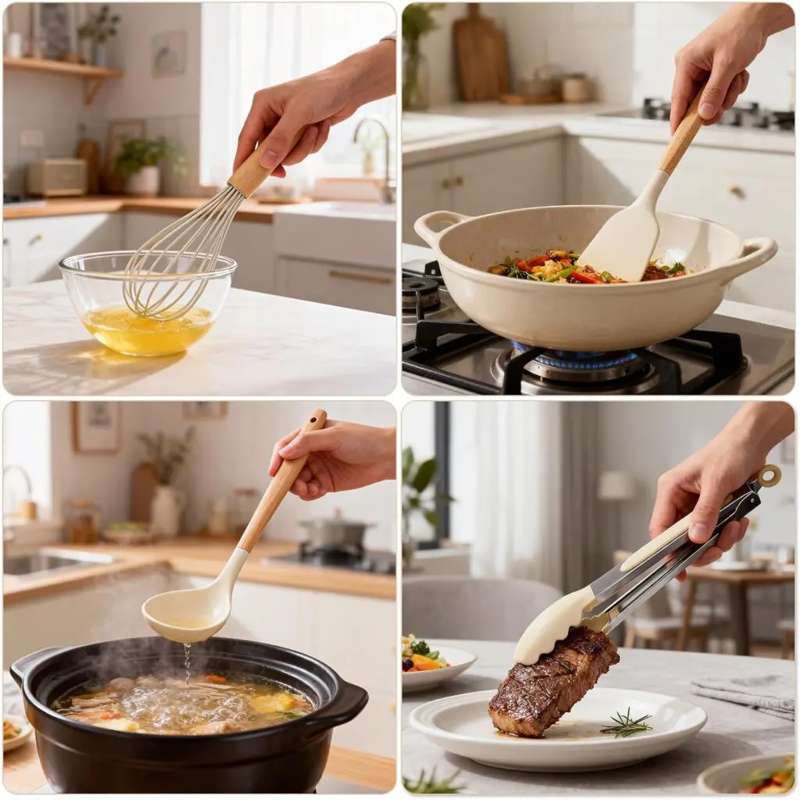 Silicone kitchen utensil set with wood-effect handles in a storage holder