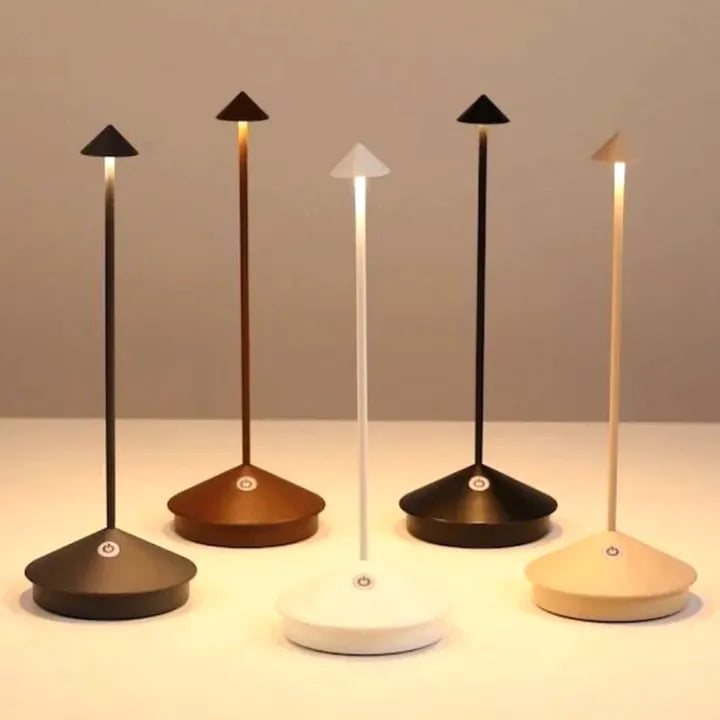 Wireless LED table lamp with a slim stem, conical shade and round base