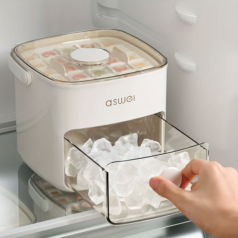 White countertop ice cube maker with clear lid and front drawer