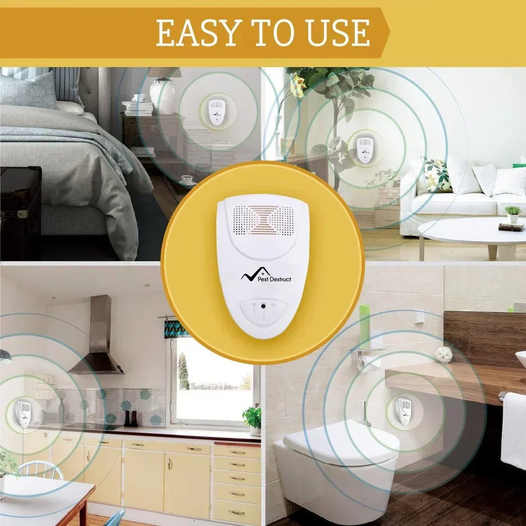 White plug-in ultrasonic bed bug repeller with speaker grille and blue indicator light