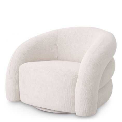 Curved upholstered swivel armchair with rounded arms