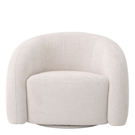 Curved upholstered swivel armchair with rounded arms