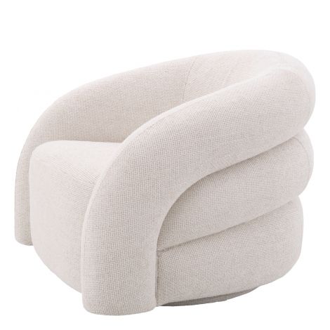 Curved upholstered swivel armchair with rounded arms