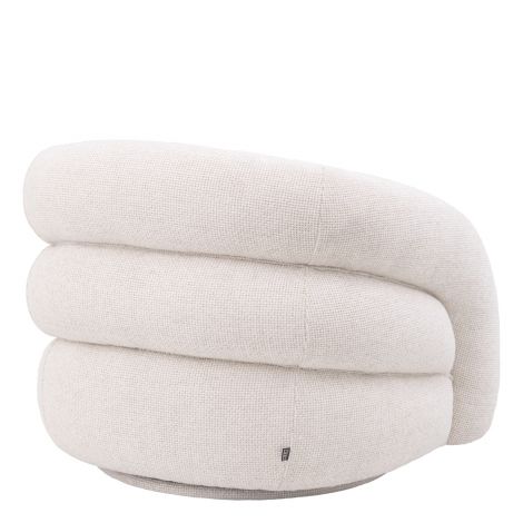 Curved upholstered swivel armchair with rounded arms