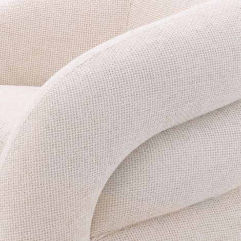 Curved upholstered swivel armchair with rounded arms