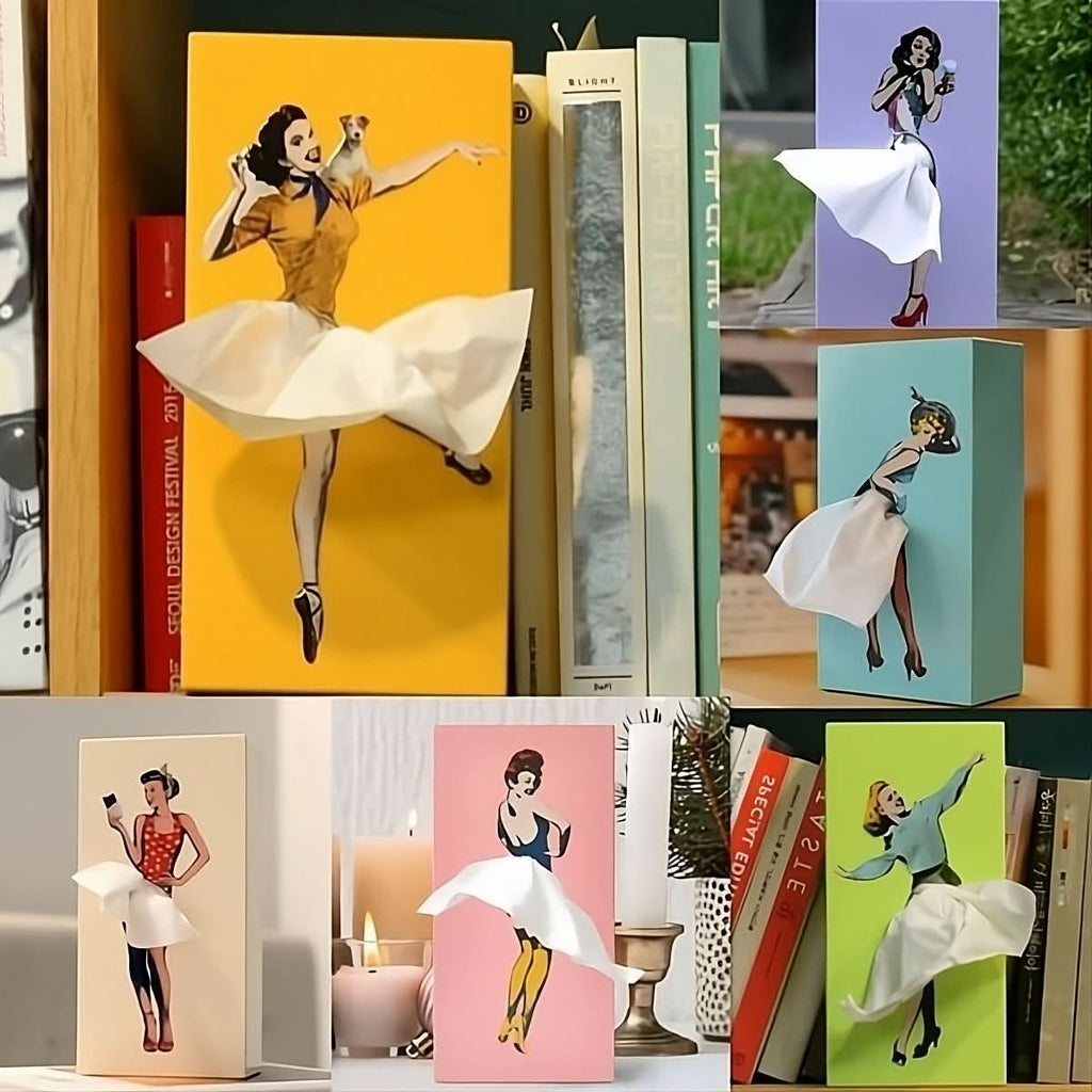 Rectangular tissue box holder with colourful pop art character illustration